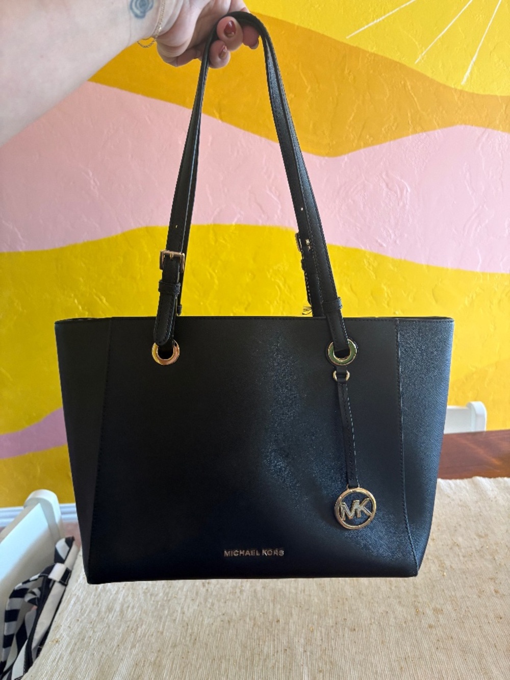 Michael Kors Black Saffiano Tote – Gold Hardware